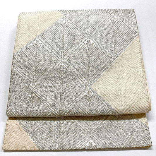4451# Japanese Vintage Fukuro Obi Belt Kimono Fabric Silk Traditional Silver