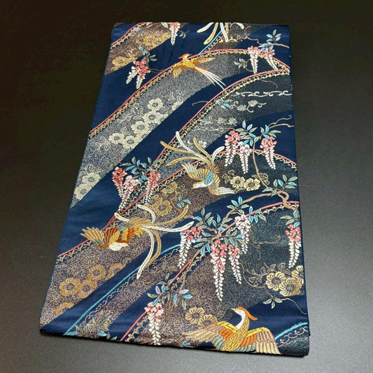 6148# Japanese Vintage Fukuro Obi Belt Kimono Fabric Silk Traditional Navy blue