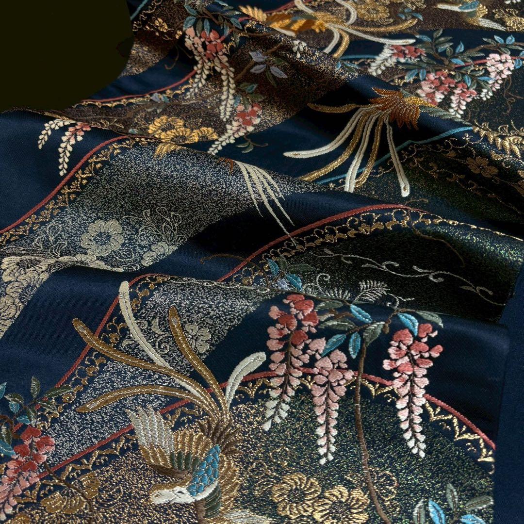 6148# Japanese Vintage Fukuro Obi Belt Kimono Fabric Silk Traditional Navy blue