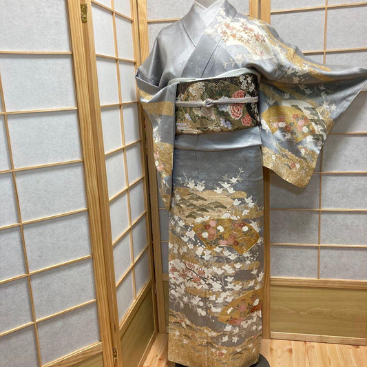 3115# Japanese Kimono Vintage Womens Silk Fabric Robe Kimono only sold Gray