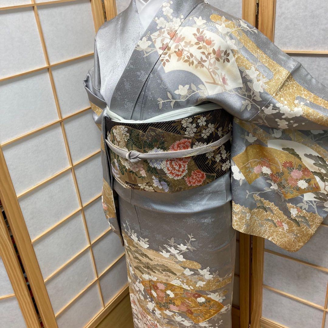 3115# Japanese Kimono Vintage Womens Silk Fabric Robe Kimono only sold Gray