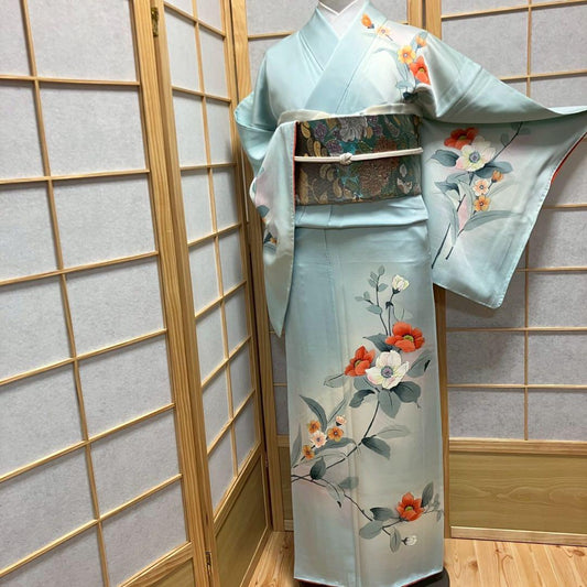 4370# Japanese Kimono Vintage Womens Silk Fabric Robe Kimono only sold Biue
