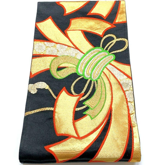 4088# Japanese Vintage Fukuro Obi Belt Kimono Fabric Silk Traditional Black