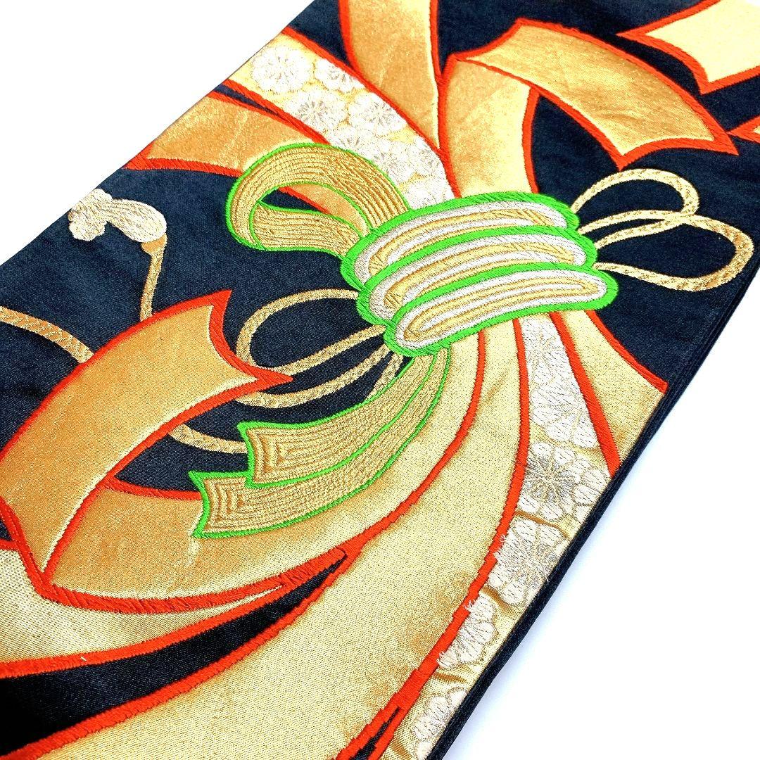 4088# Japanese Vintage Fukuro Obi Belt Kimono Fabric Silk Traditional Black
