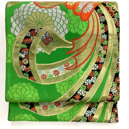 4700# Japanese Vintage Fukuro Obi Belt Kimono Fabric Silk Traditional Green
