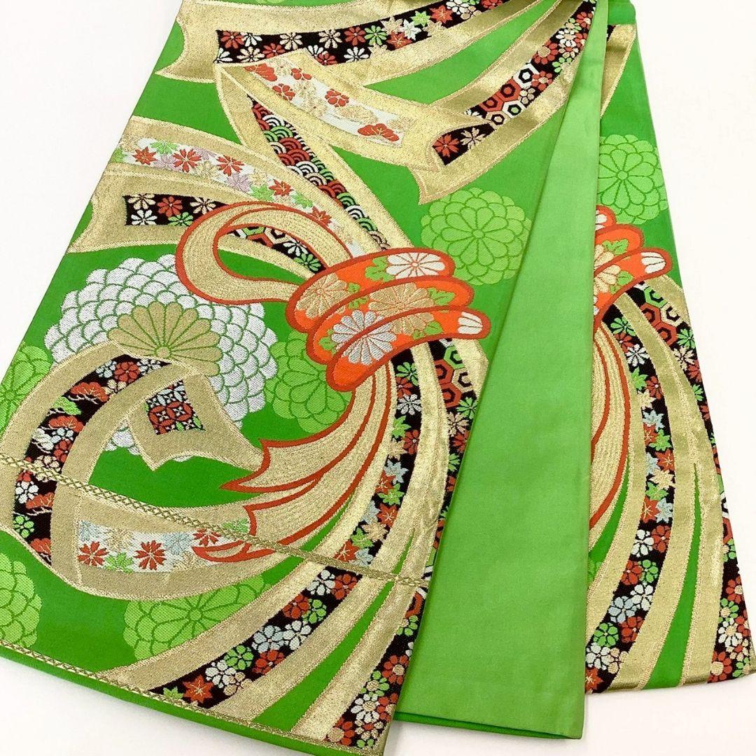 4700# Japanese Vintage Fukuro Obi Belt Kimono Fabric Silk Traditional Green