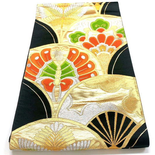 3783# Japanese Vintage Fukuro Obi Belt Kimono Fabric Silk Traditional Black