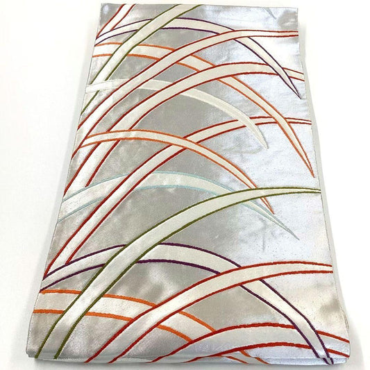 4743# Japanese Vintage Fukuro Obi Belt Kimono Fabric Silk Traditional Silver