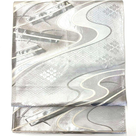 3625# Japanese Vintage Fukuro Obi Belt Kimono Fabric Silk Traditional Silver