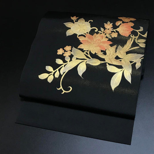 4346# Japanese Vintage Nagoya Obi Belt Kimono Fabric Silk Traditional Black