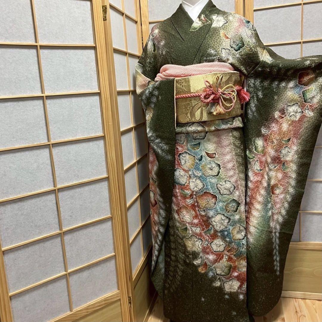5486# Japanese Vintage Furisode Kimono Obi Obijime Obiage 4-Piece Set Silk Robe