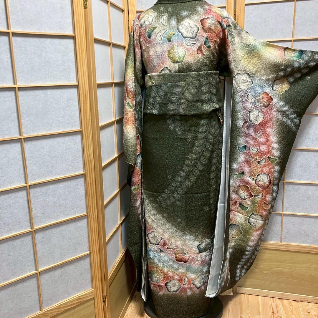 5486# Japanese Vintage Furisode Kimono Obi Obijime Obiage 4-Piece Set Silk Robe