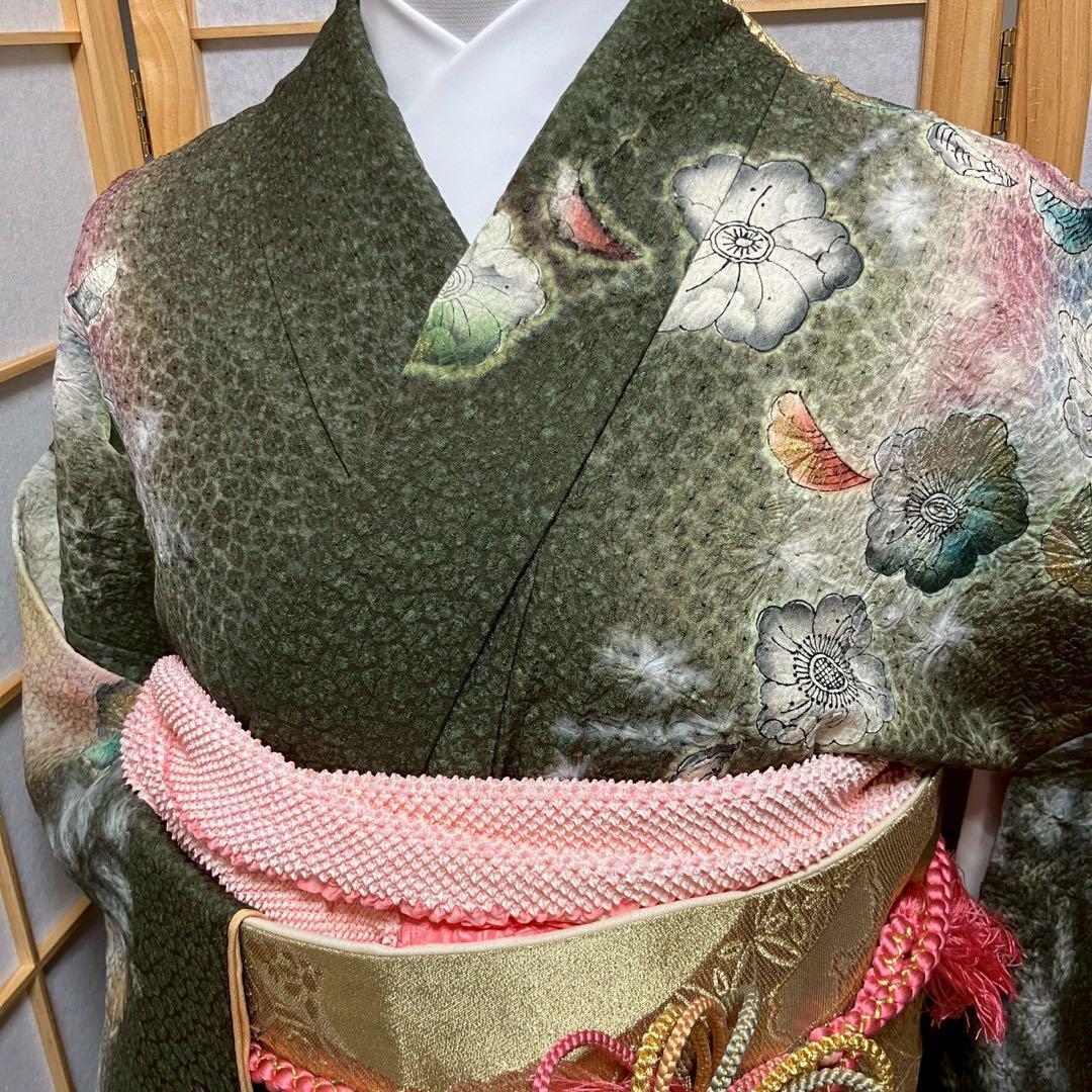 5486# Japanese Vintage Furisode Kimono Obi Obijime Obiage 4-Piece Set Silk Robe