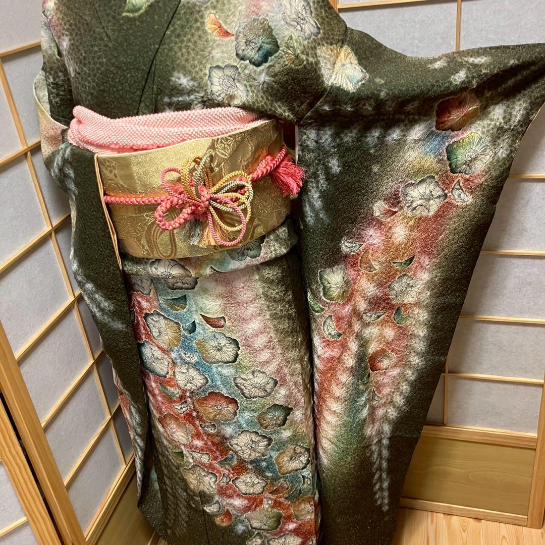 5486# Japanese Vintage Furisode Kimono Obi Obijime Obiage 4-Piece Set Silk Robe