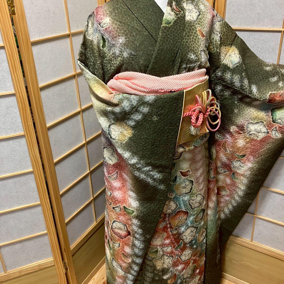5486# Japanese Vintage Furisode Kimono Obi Obijime Obiage 4-Piece Set Silk Robe