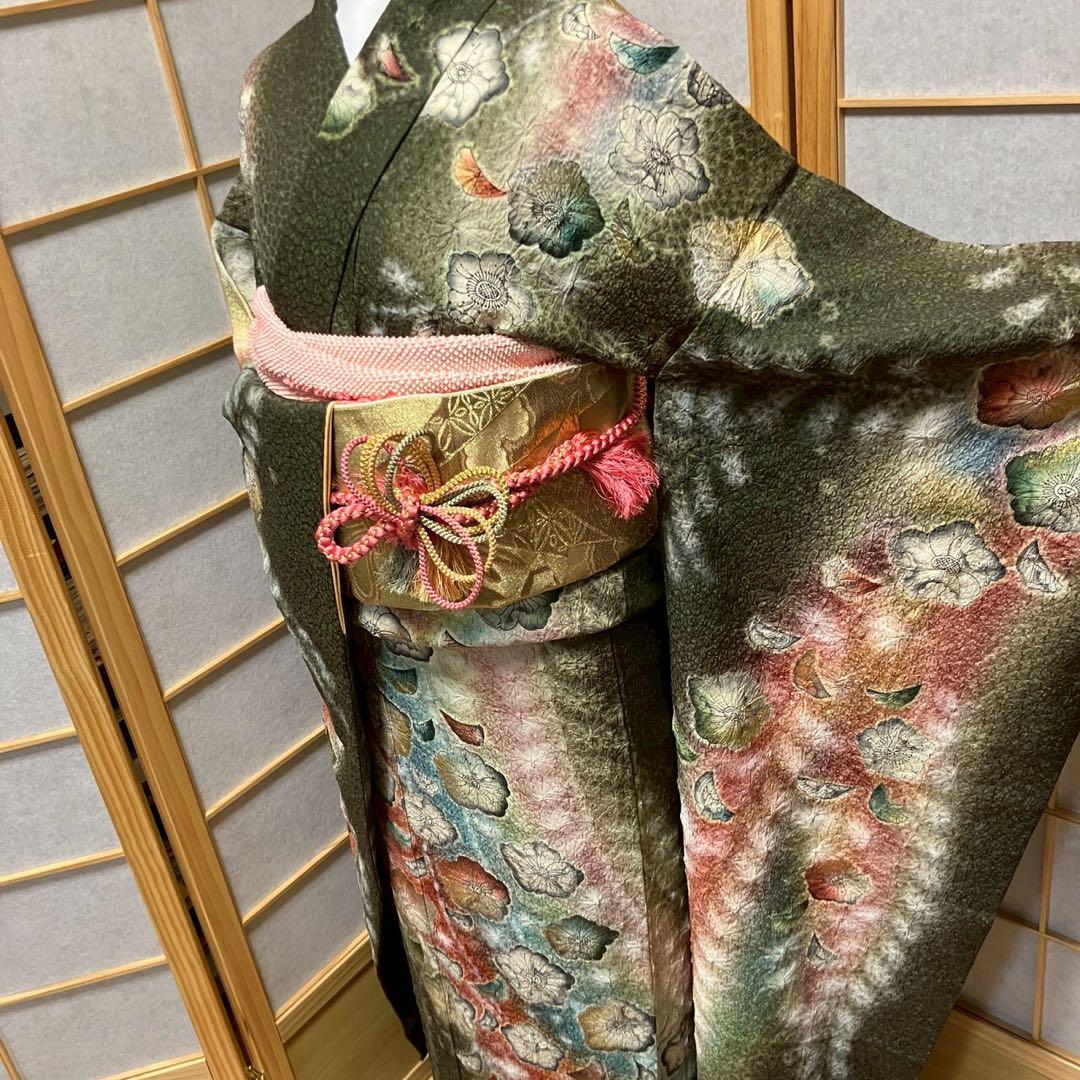 5486# Japanese Vintage Furisode Kimono Obi Obijime Obiage 4-Piece Set Silk Robe