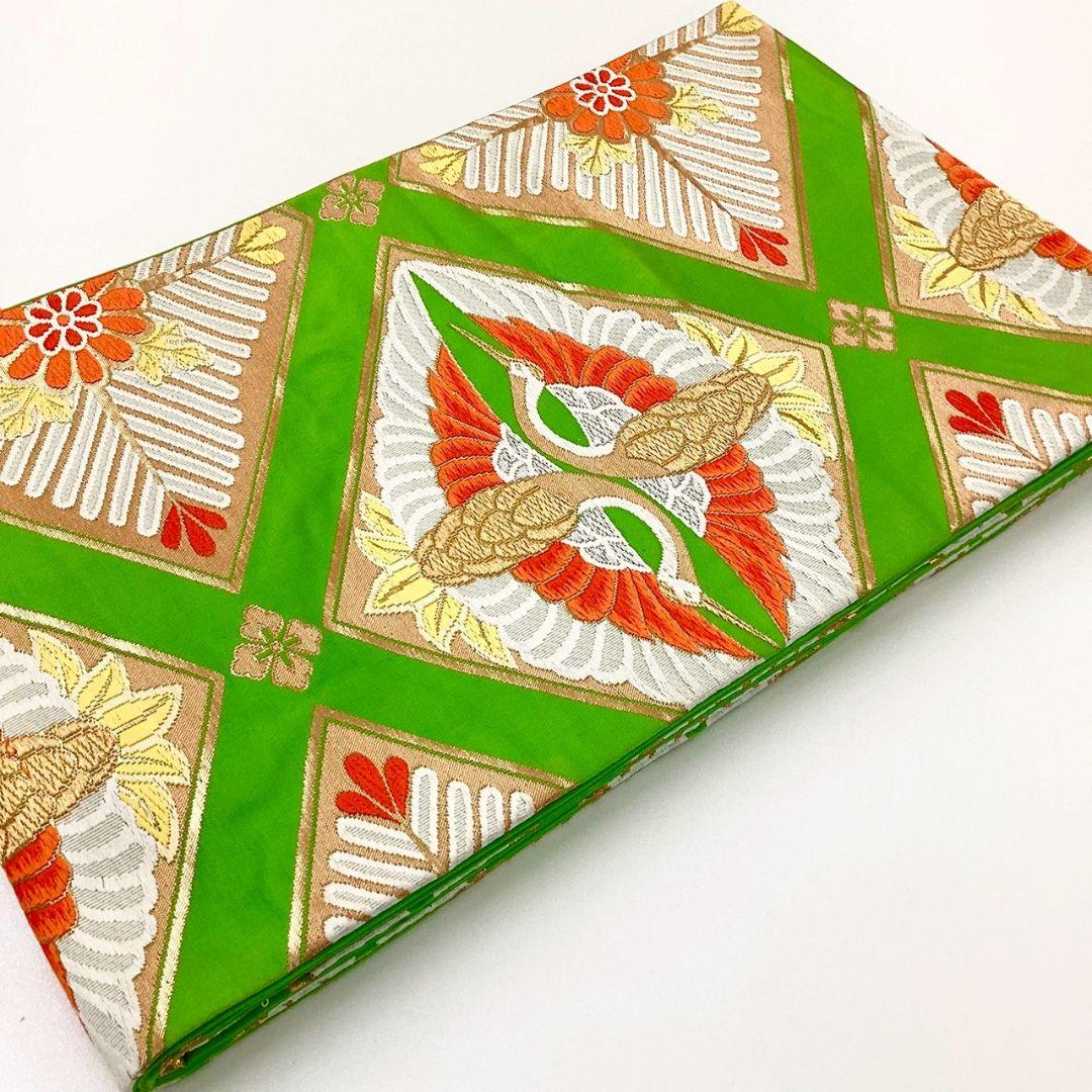 4985# Japanese Vintage Fukuro Obi Belt Kimono Fabric Silk Traditional Green