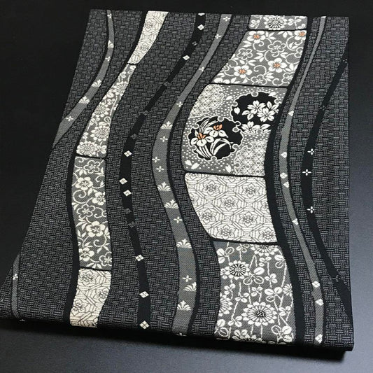 4889# Japanese Vintage Nagoya Obi Belt Kimono Fabric Silk Traditional Black