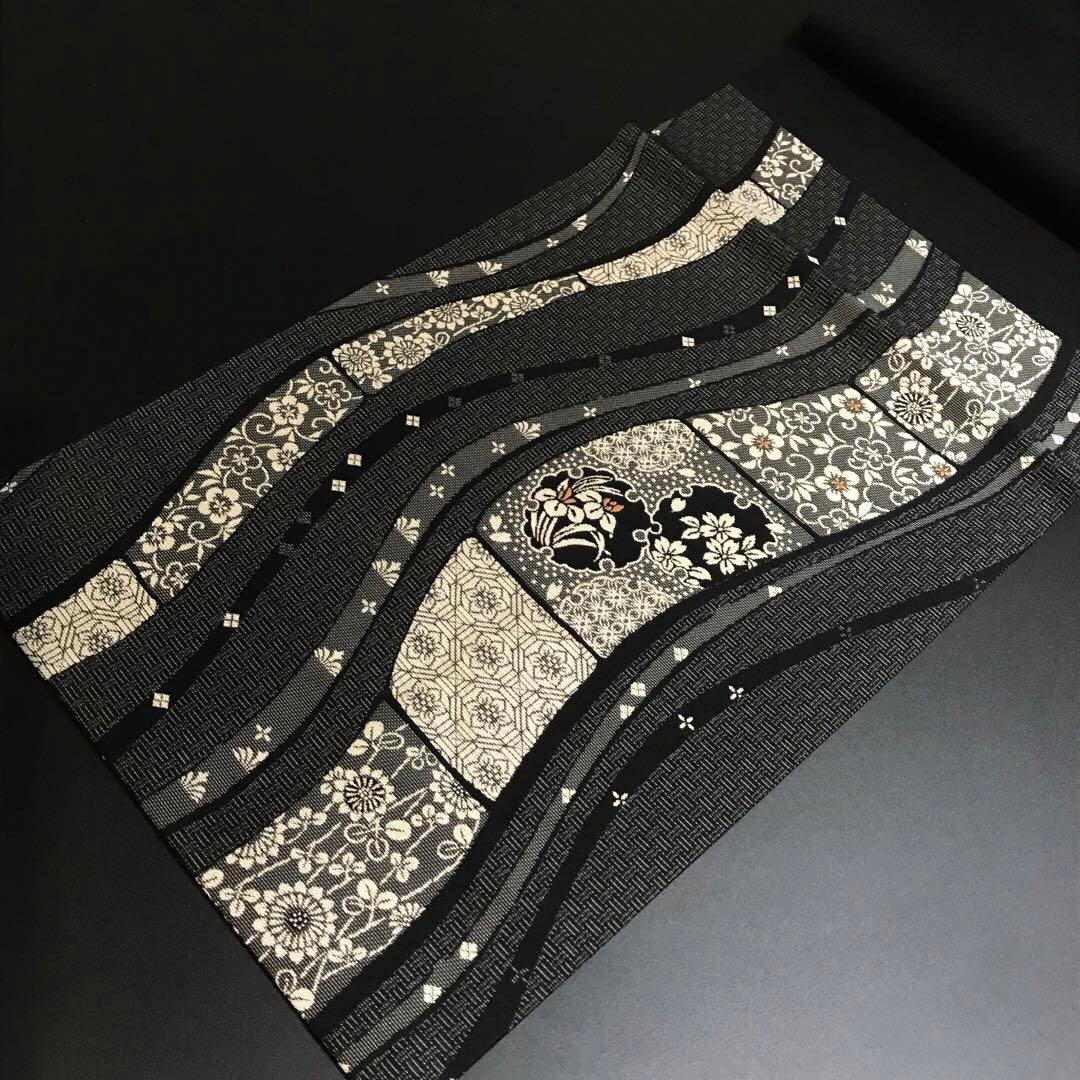 4889# Japanese Vintage Nagoya Obi Belt Kimono Fabric Silk Traditional Black