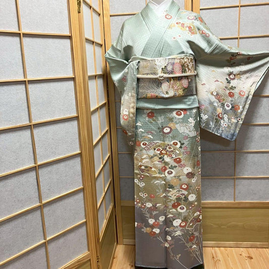 4404# Japanese Kimono Vintage Womens Silk Fabric Robe Kimono only sold Unused