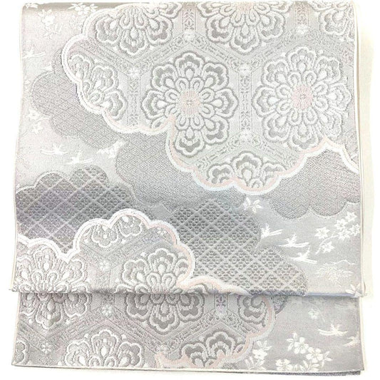 3633# Japanese Vintage Fukuro Obi Belt Kimono Fabric Silk Traditional Silver