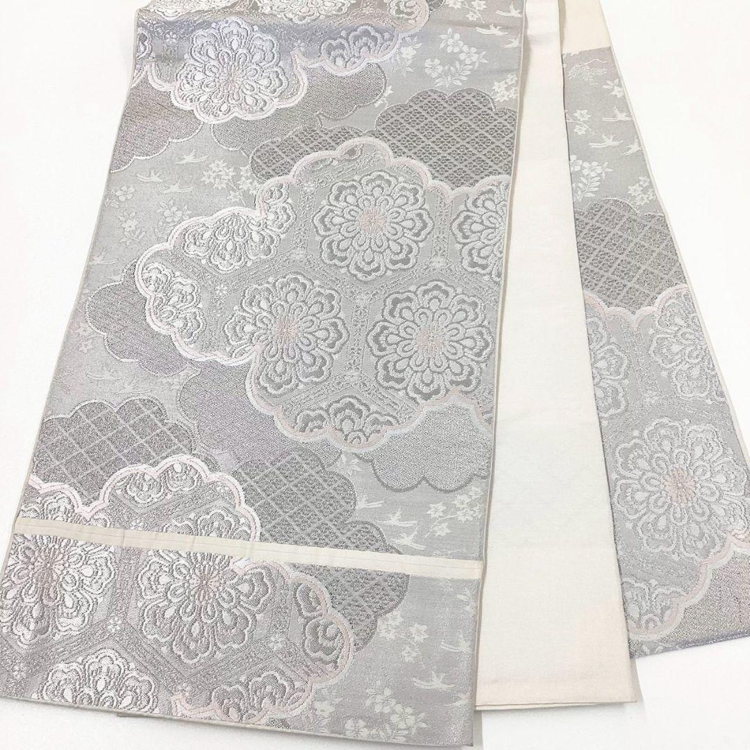 3633# Japanese Vintage Fukuro Obi Belt Kimono Fabric Silk Traditional Silver
