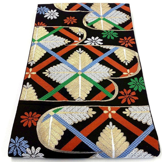 4242# Japanese Vintage Fukuro Obi Belt Kimono Fabric Silk Traditional black