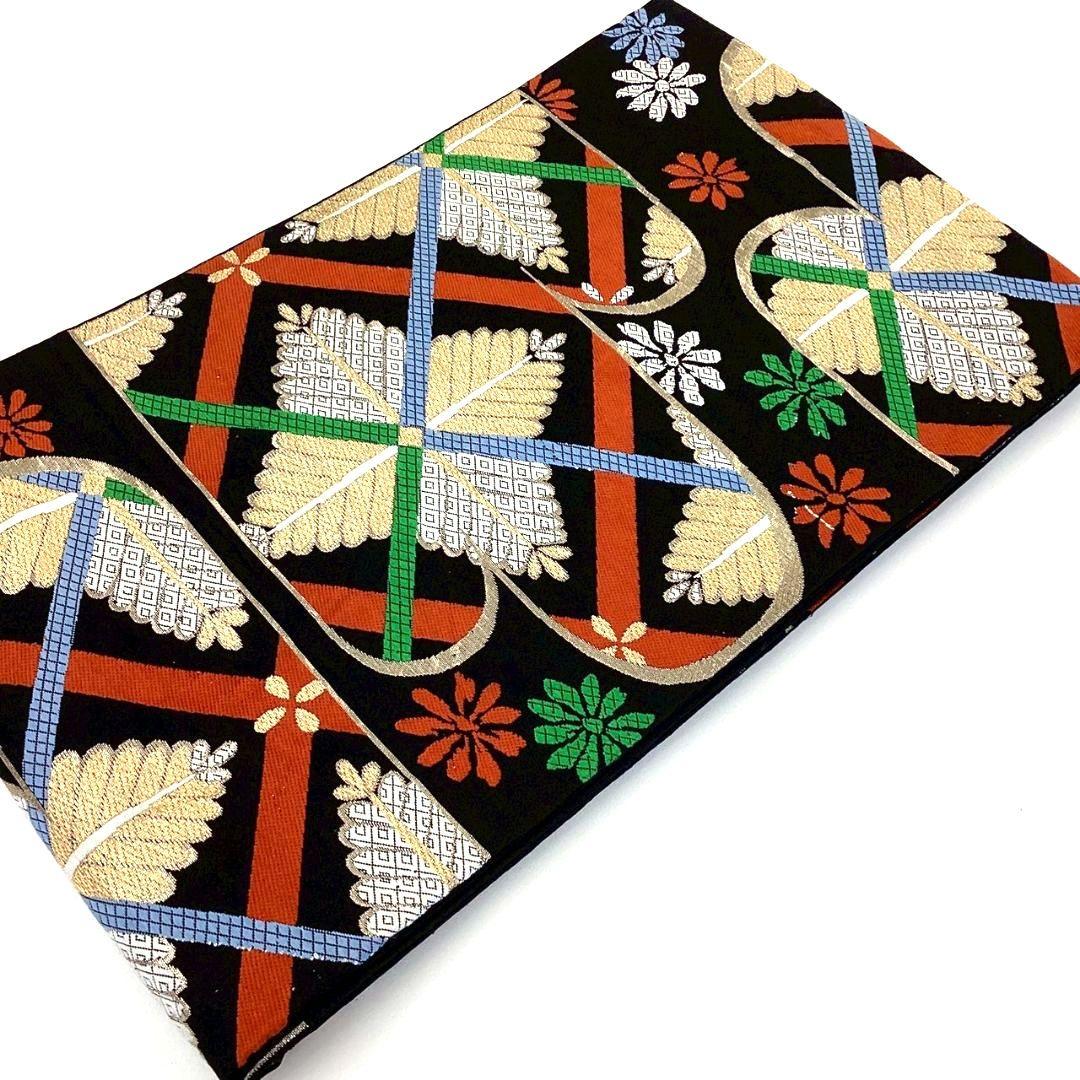 4242# Japanese Vintage Fukuro Obi Belt Kimono Fabric Silk Traditional black