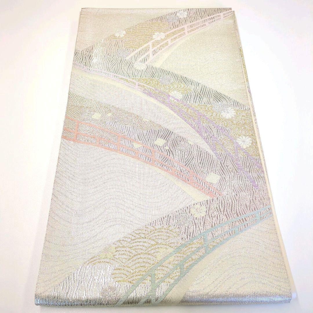 2505# Japanese Vintage Fukuro Obi Belt Kimono Fabric Silk Traditional Silver