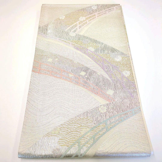 2505# Japanese Vintage Fukuro Obi Belt Kimono Fabric Silk Traditional Silver