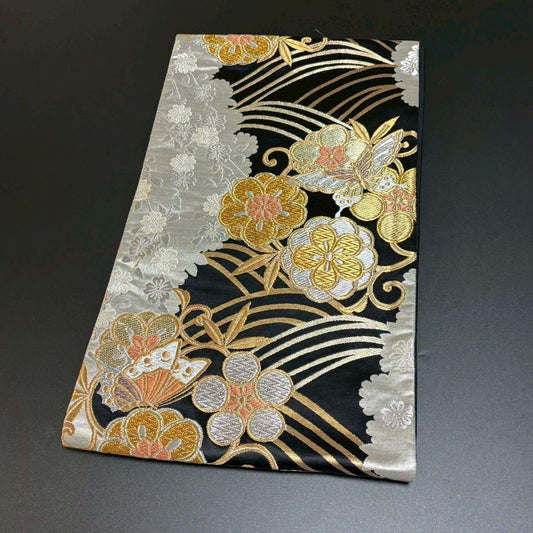 8481# Japanese Vintage Fukuro Obi Belt Kimono Fabric Silk Traditional Black