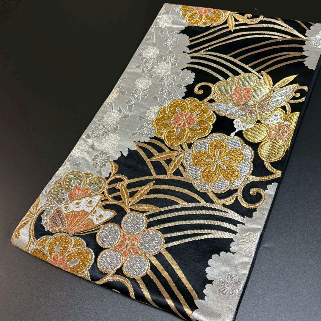8481# Japanese Vintage Fukuro Obi Belt Kimono Fabric Silk Traditional Black
