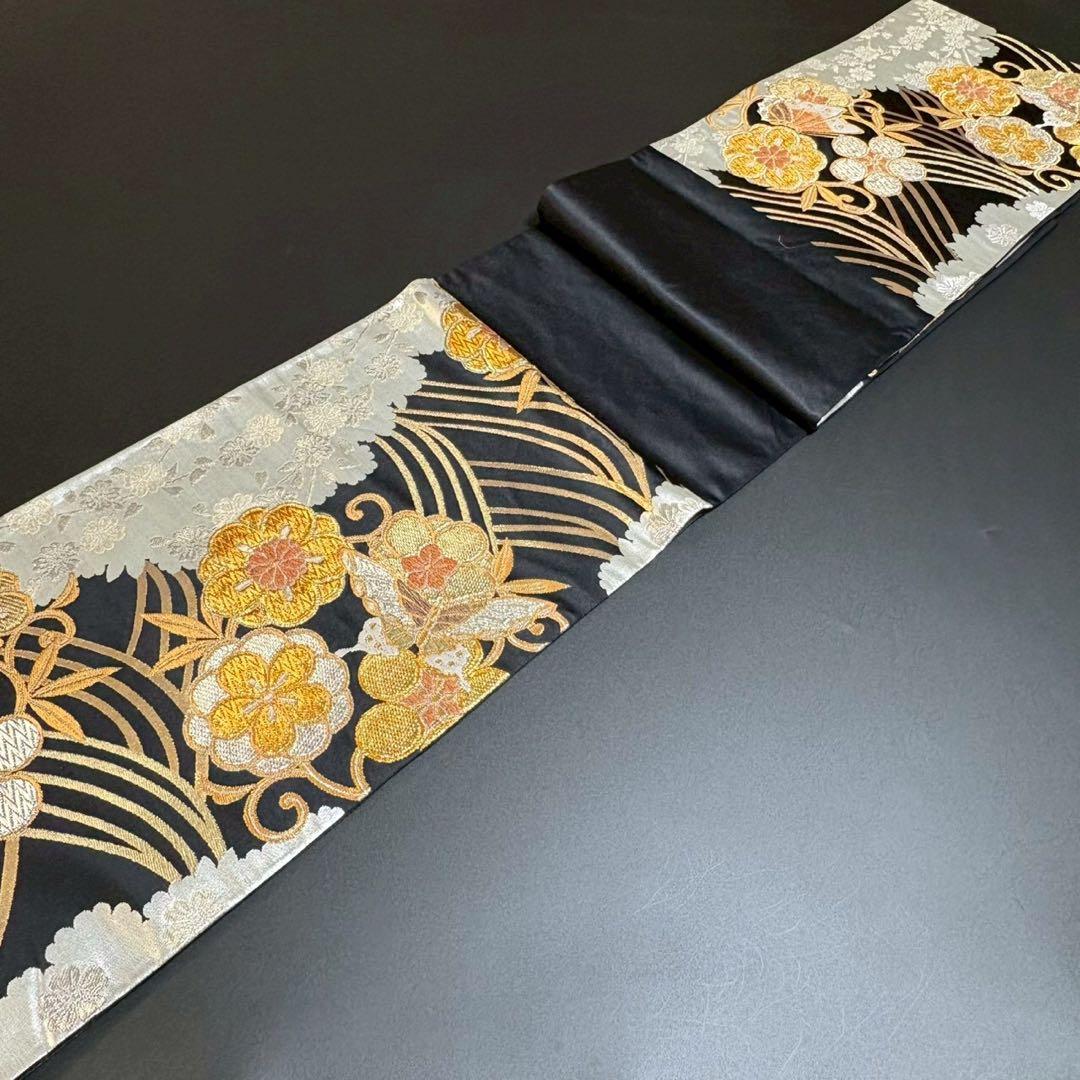 8481# Japanese Vintage Fukuro Obi Belt Kimono Fabric Silk Traditional Black