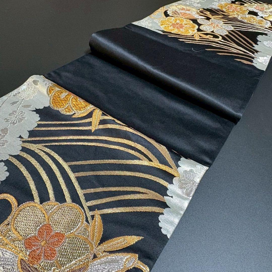 8481# Japanese Vintage Fukuro Obi Belt Kimono Fabric Silk Traditional Black