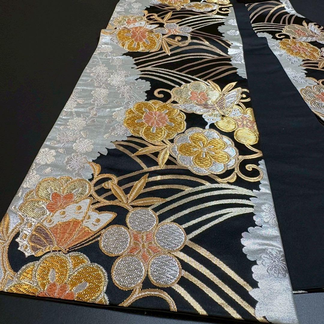 8481# Japanese Vintage Fukuro Obi Belt Kimono Fabric Silk Traditional Black