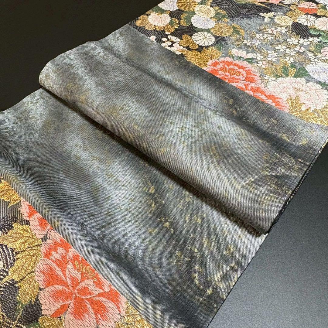 8480# Japanese Vintage Fukuro Obi Belt Kimono Fabric Silk Traditional Black