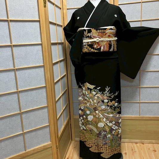 5457# Japanese Tomesode Kimono Vintage Womens Silk Fabric Robe Kimono only sold