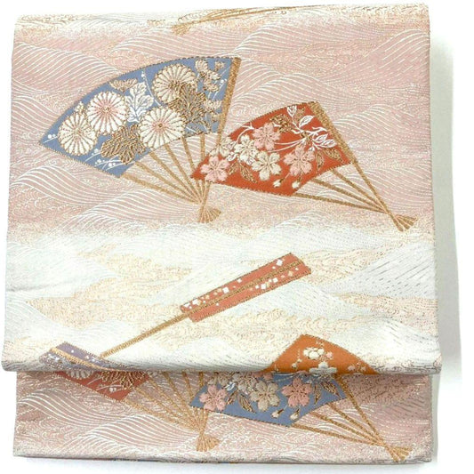 3556# Japanese Vintage Fukuro Obi Belt Kimono Fabric Silk Traditional White Pink
