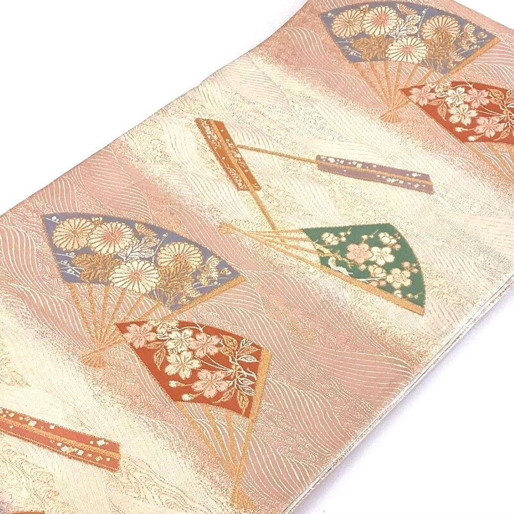 3556# Japanese Vintage Fukuro Obi Belt Kimono Fabric Silk Traditional White Pink