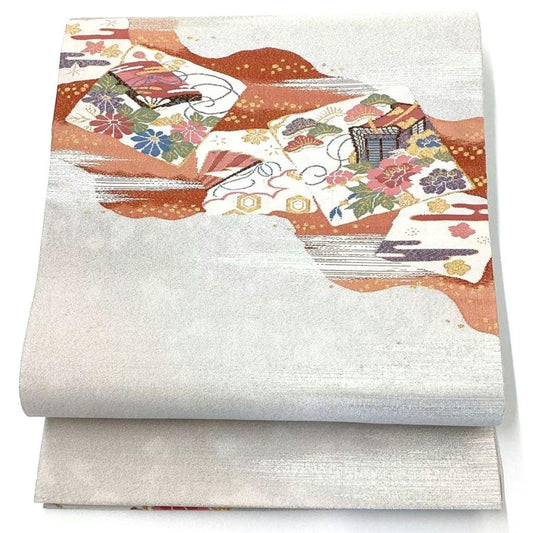 4733# Japanese Vintage Fukuro Obi Belt Kimono Fabric Silk Traditional Silver