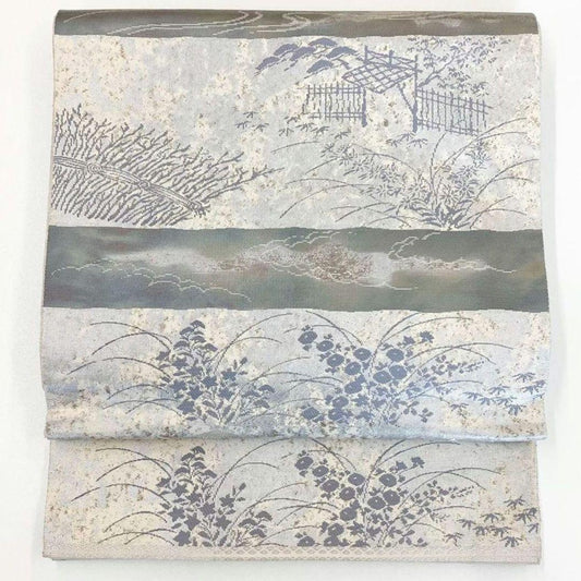 4777# Japanese Vintage Fukuro Obi Belt Kimono Fabric Silk Traditional Silver