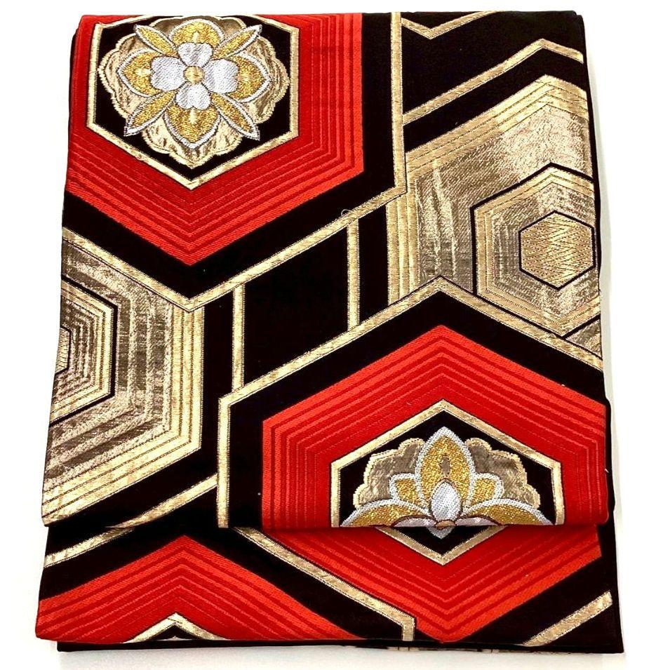 4696# Japanese Vintage Fukuro Obi Belt Kimono Fabric Silk Traditional Black