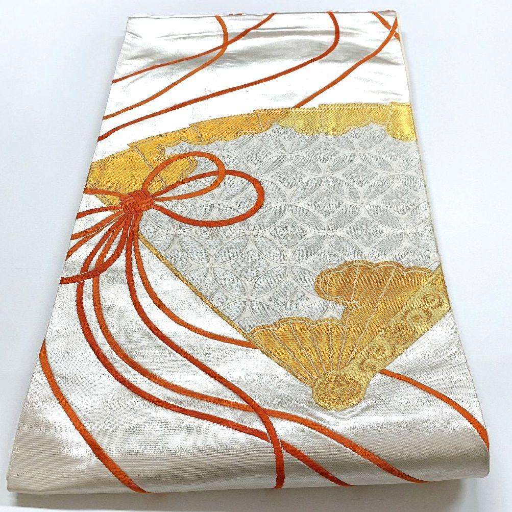 4480# Japanese Vintage Fukuro Obi Belt Kimono Fabric Silk Traditional Silver