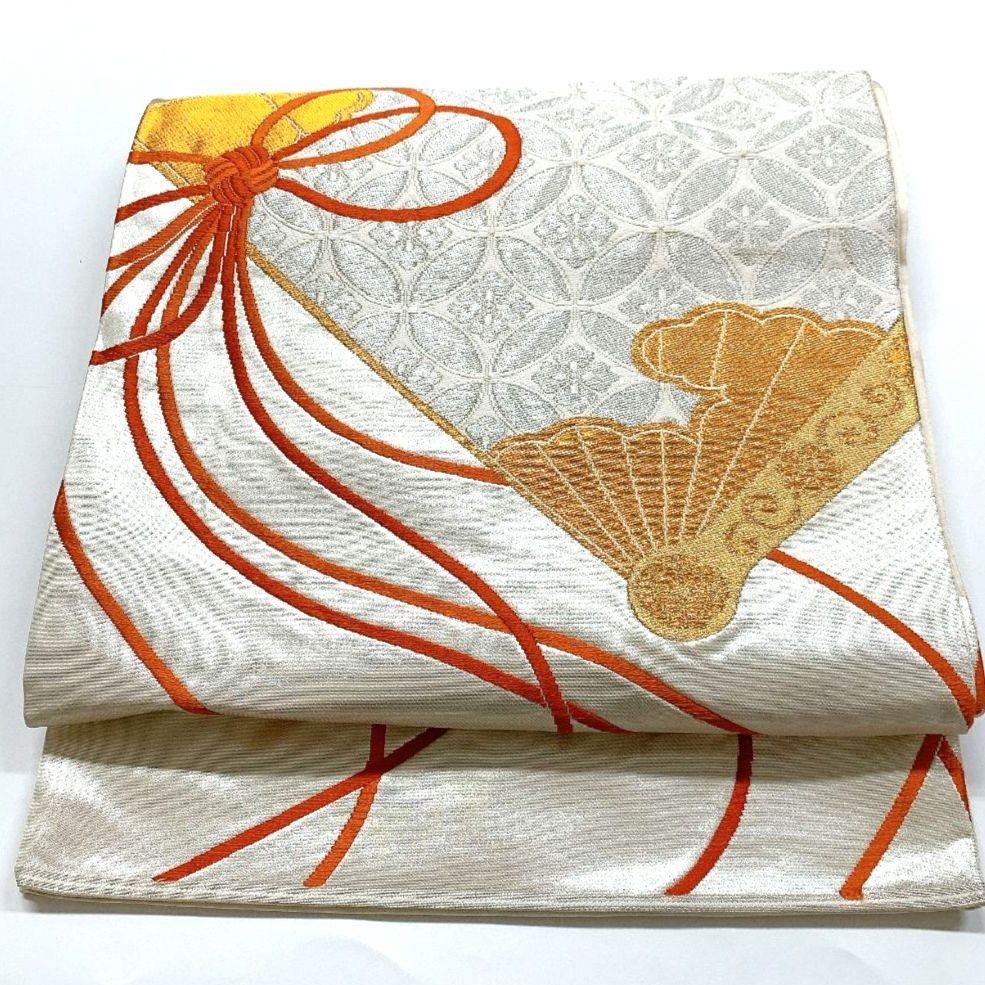 4480# Japanese Vintage Fukuro Obi Belt Kimono Fabric Silk Traditional Silver