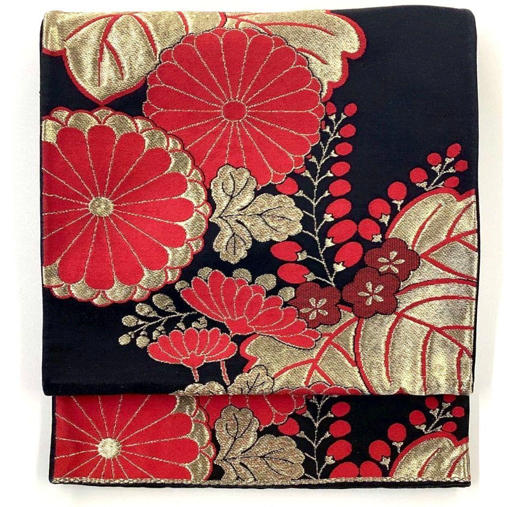 4914# Japanese Vintage Fukuro Obi Belt Kimono Fabric Silk Traditional Black