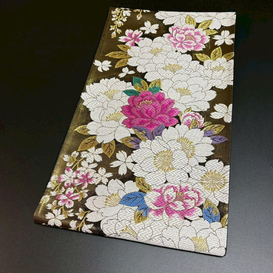 8478# Japanese Vintage Fukuro Obi Belt Kimono Fabric Silk Traditional Gold
