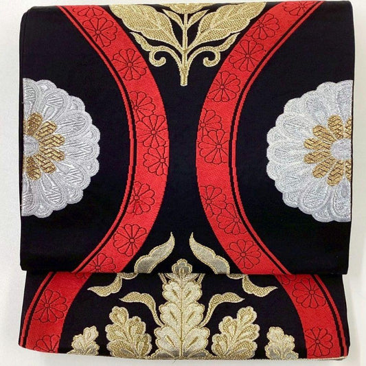 4980# Japanese Vintage Fukuro Obi Belt Kimono Fabric Silk Traditional Black