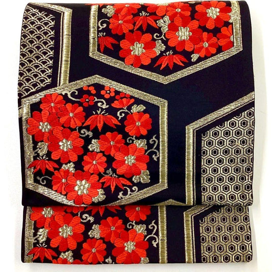 4947# Japanese Vintage Fukuro Obi Belt Kimono Fabric Silk Traditional Black