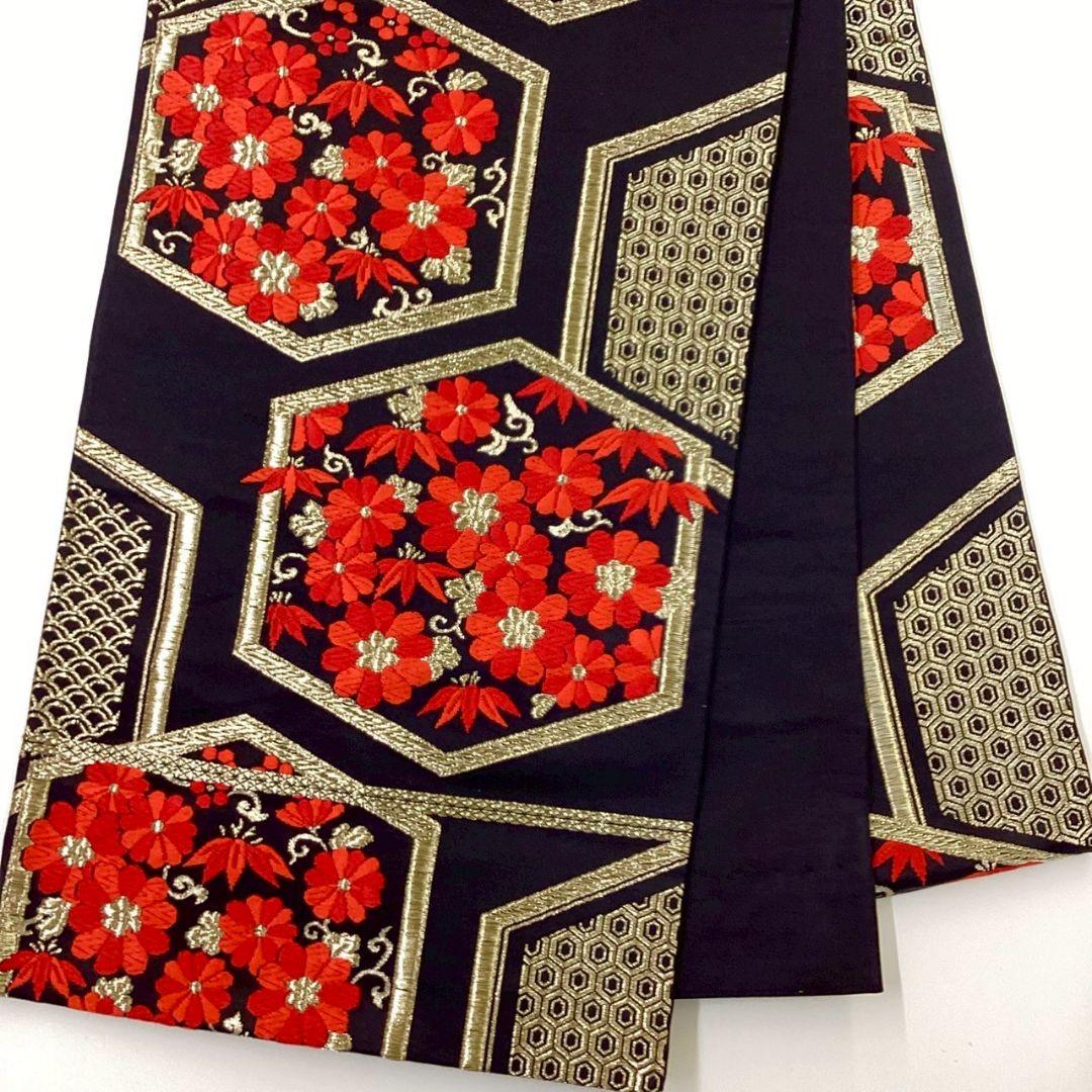 4947# Japanese Vintage Fukuro Obi Belt Kimono Fabric Silk Traditional Black