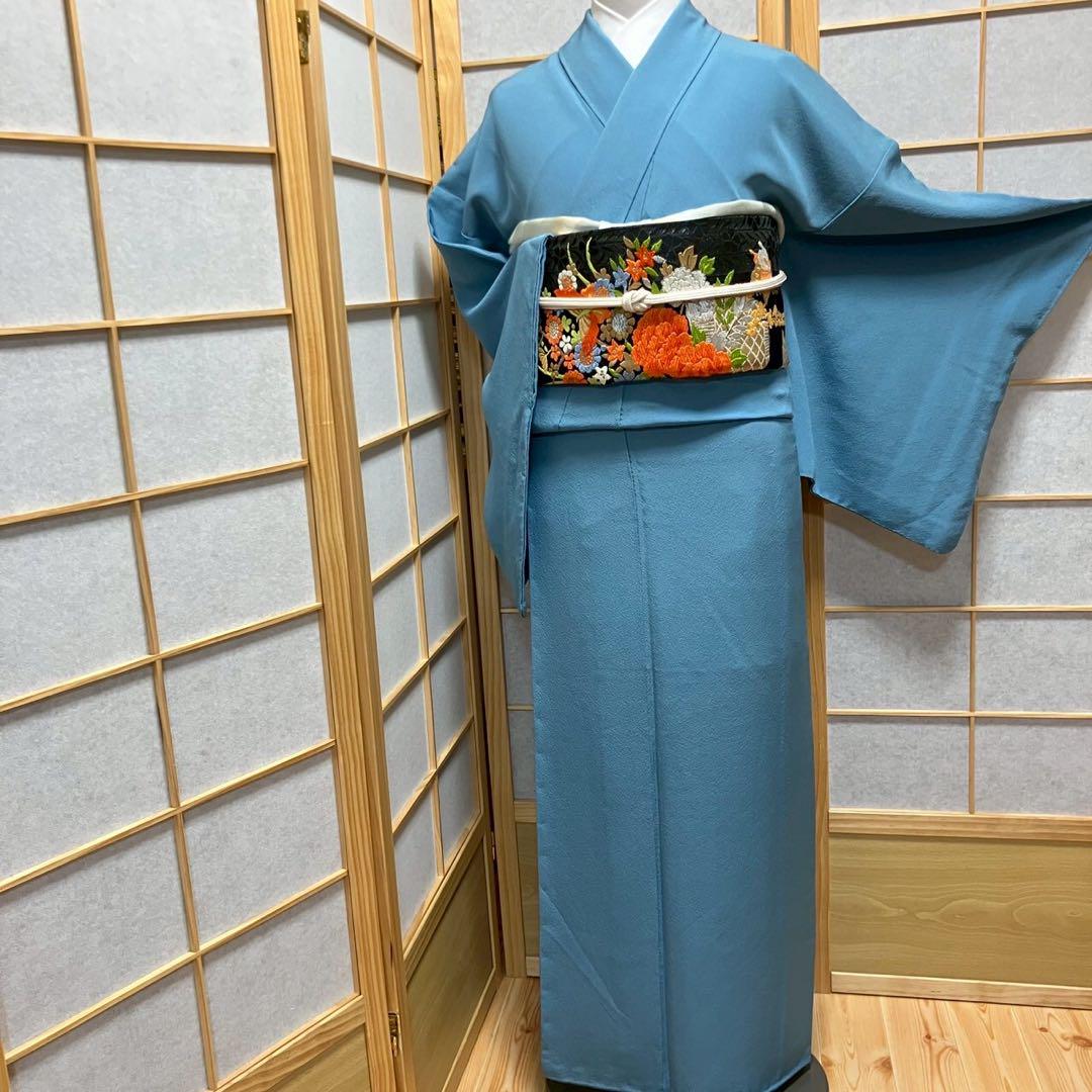 5789# Japanese Kimono Vintage Womens Silk Fabric Robe Kimono only sold Blue